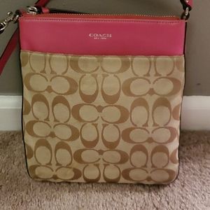 Coach Purse - tan with hot pink accents